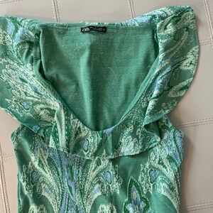 Zara green patterned ruffle neckline tank top